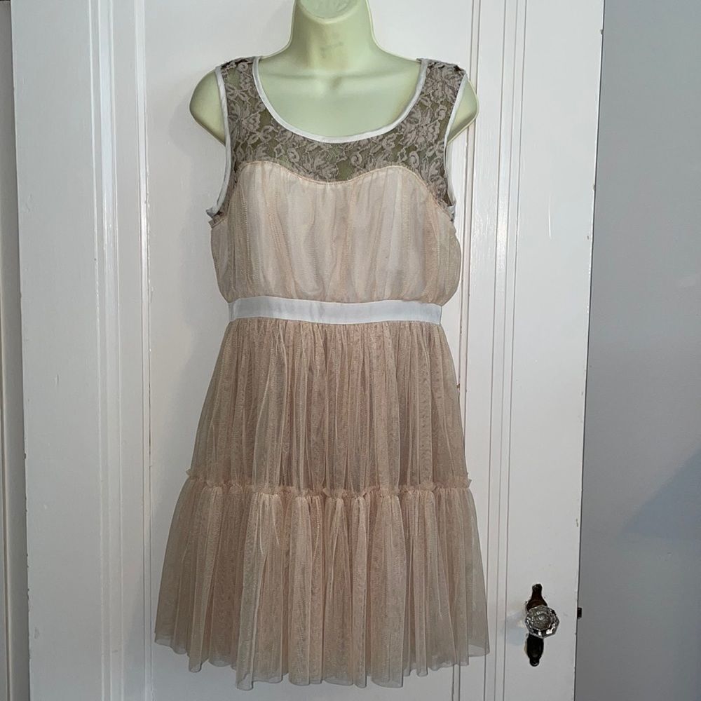 NWOT Blush by Young‎ Threads tan lace & netting dress
